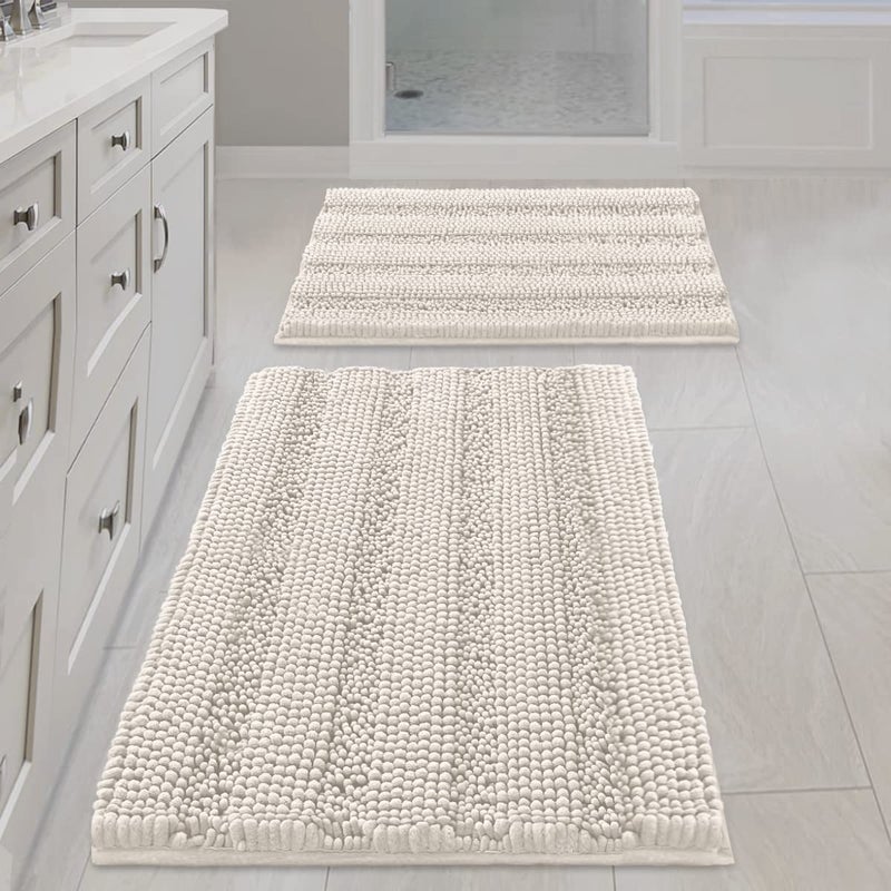 H.VERSAILTEX Ivory Bath Mat Bath Rugs, Extra Thick Striped Bath Rugs for Bathroom 2 Piece Bathroom Set, Anti-Slip Soft Plush Chenille Shaggy Mat Water Absorbent (Ivory, 20" x 32"/17" x 24") - Image 1